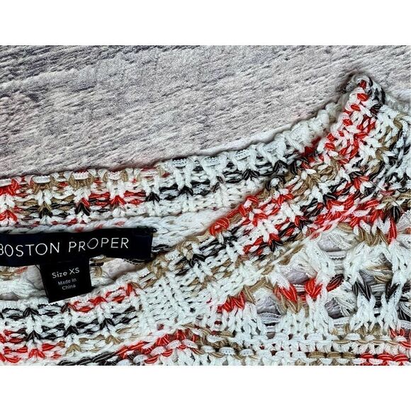 Boston Proper Open Weave Sweater Nylon Fringe Long Sleeves Cream Multi Sz XS - Picture 5 of 9